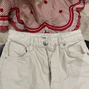 Zara long wide leg cream denim jeans.